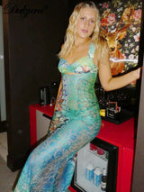 Lace Print Cut Out Maxi Dress Bodycon Sexy Party Club Y2K Outfits Streetwear Bandage Dress 3