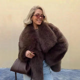 2025 Winter New Fashion Solid Color Fluffy Fur Coat Women High Street Luxury Big Fur Collar Faux Fox Fur Jacket Female Overcoats 3