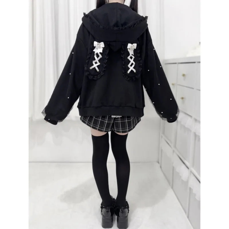 Bunny Hoodie Hoodies Y2K Rabbit Ear Hoodie Lolita Jacket Bow Girls Pearl JK Japan Lace Kawaii Zipper Cardigan Long Sleeved Top 5