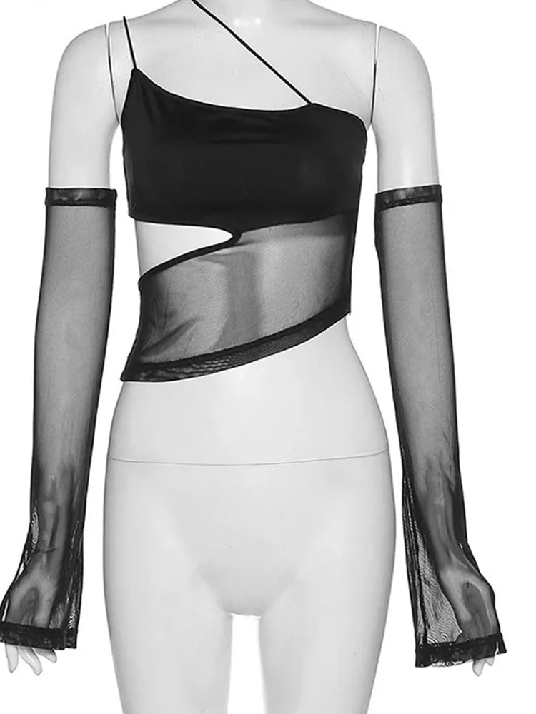 Asymmetrical Cut Out Mesh Crop Top with Sleeves Fairy Grunge  Clothes Transparent Camisole Tank Tops 5