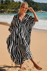 Loose Floral Pleated Kaftan Dresses for Women Wave Neck Swimsuit Cover Up Caftan