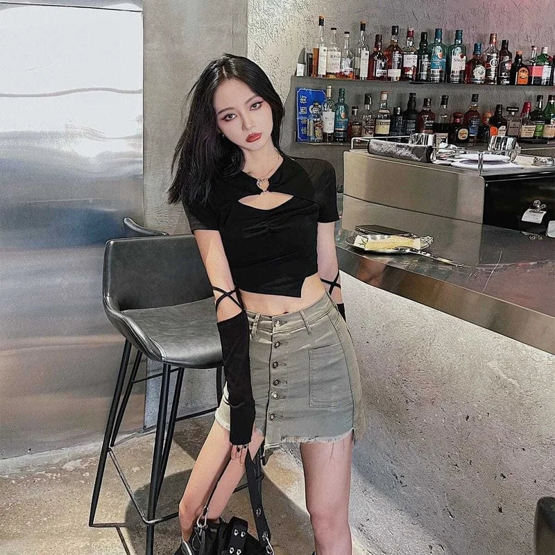 High Street Short Sleeve T-shirt Women Harajuku Summer Hollow Out Slim Design Ins Korean Style Above Navel Cropped Top All-match 5