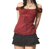 Xingqing 2000s Aesthetic Sweet Lace Tops Women Off Shoulder Drawstring T-shirt Korean Fashion Female Tee Fairy Grunge Streetwear