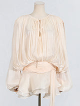 GALCAUR Solid Loose Splicd Lace Up Dresses For Women V Neck Long Sleeves Patchwork Ruffles Tunic Dreses Female Fashio New