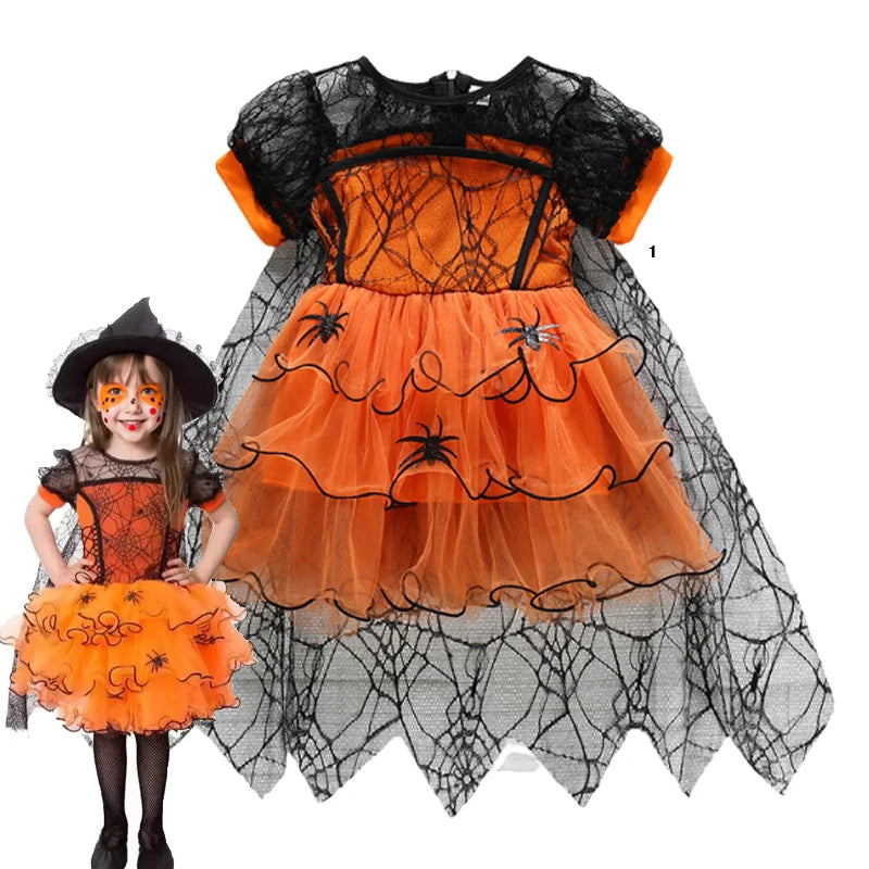 2-7Y Halloween Witch Cosplay Party Dress Cute Spider Mesh Cape Clothes Halloween Costumes for Baby Carnival Party Gifts 3