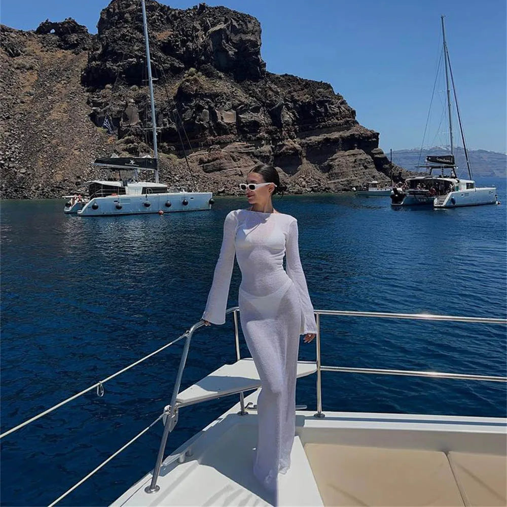 Fashion Women Wrapped Dress Long Sleeve Round Neck See Through Sunscreen Solid Color Backless Beach Long Dress 3