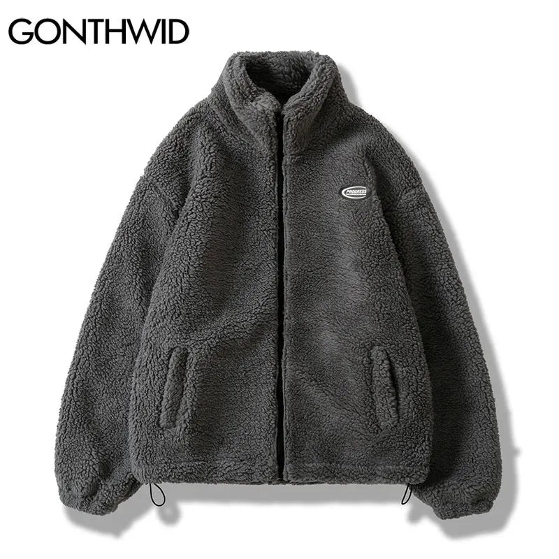 Hip Hop Winter Fleece Fluffy Jacket Streetwear Harajuku Fuzzy Zipper Coat Men Autumn Solid Color Lightweight Jackets Black Beige 4