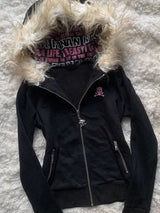 Y2K Black Fur Collar Zipper Sweatshirt Hoodie Sexy Women Sweatshirt Harajuku Goth Letter Graphic Print Slim Coat Winter Clothes