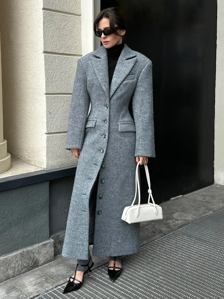 Fashion Waist Cinching Woolen Long Coats For Women Lapel Long Sleeve Single-breasted Shoulder Pad Coat New Lady Commuter Outwear 2