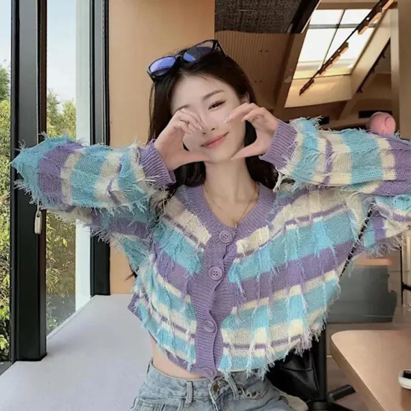 Patchwork Striped Cardigan Women Tassel Long Sleeve Knitted Sweet Sweater Fashion Purple Button Autumn Cropped Tops 4