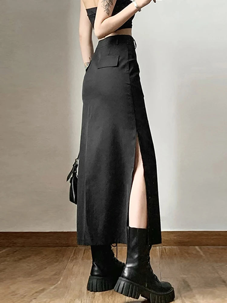 Goth Dark Grunge Casual Tag Split Women Midi Skirts Mall Gothic Punk High Raise Slim Long Skirt Y2k Sexy Fashion Streetwear 2023 4