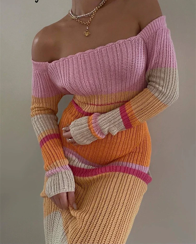 Knitted Off Shoulder Bodycon Long Dresses
