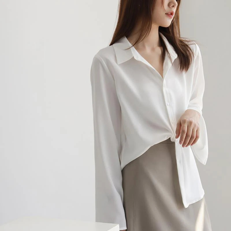 Women Chiffon Blouse Fashion Solid Long Flare Sleeve OL Office Lady Work Top Shirts V-neck White Shirt Elegant Female Clothes 2
