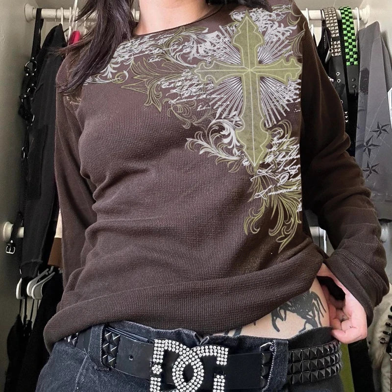 Y2K Grunge Skull Thermal Tee
