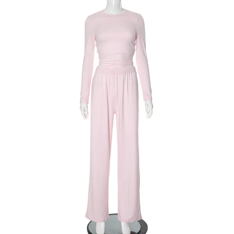Apprabant Solid Pleated Casual Basic Trousers Set Round Neck Long Sleeve Top Fashion Sports Style High Waist Wide Leg Pants Suit 5