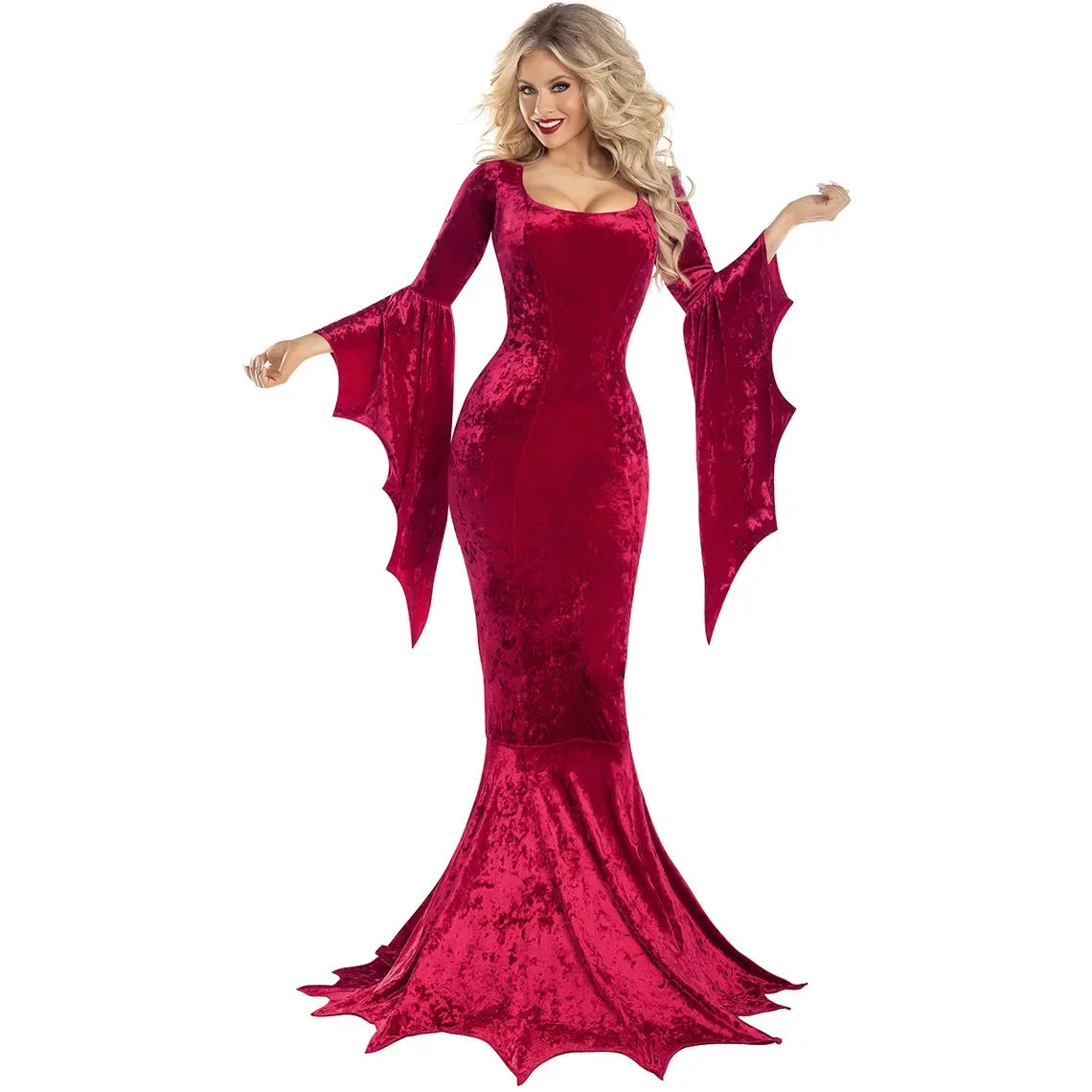 Costume Morticia Addams Long Train Dress Halloween Terror Dark Outfit Gothic Gown Robe Bat Sleeve Horror For Adult 5
