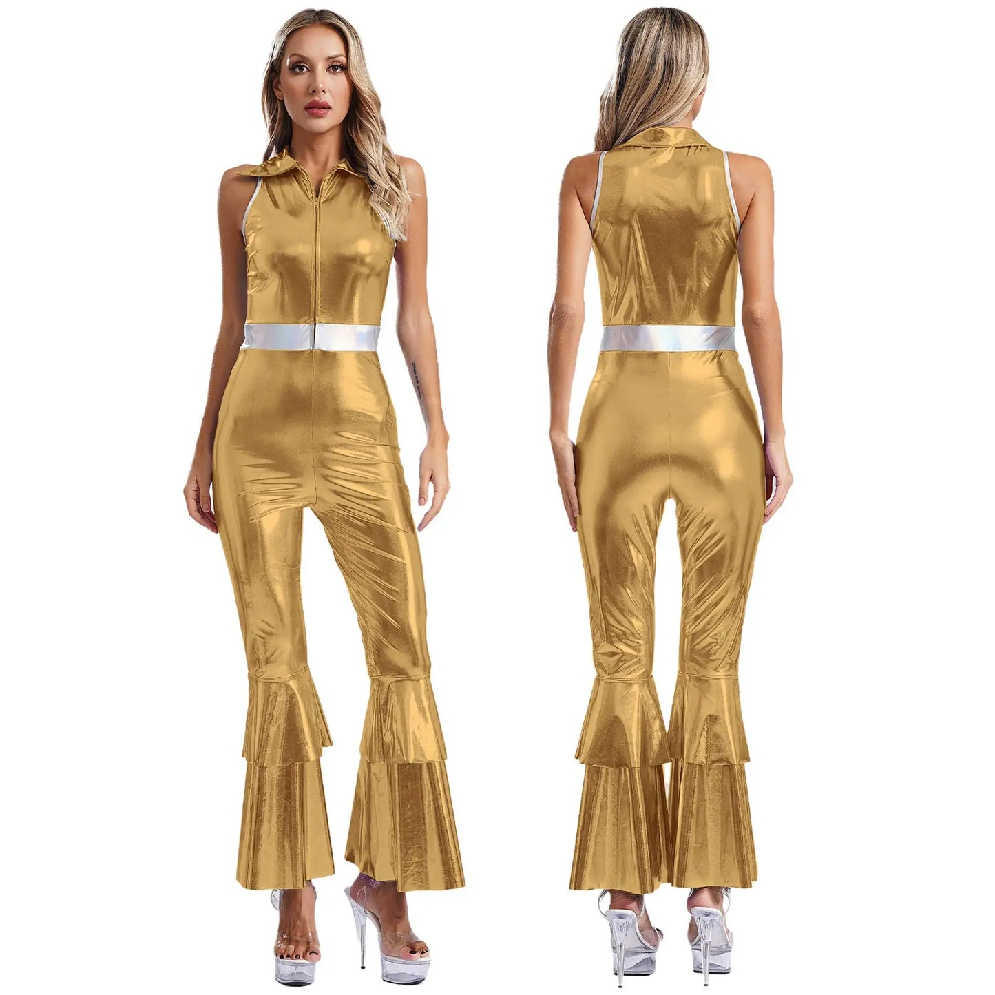 Women's 70s Disco Jumpsuit | Metallic Shiny Bell Bottom Jumpsuit | Halloween Costume, Rave Outfit