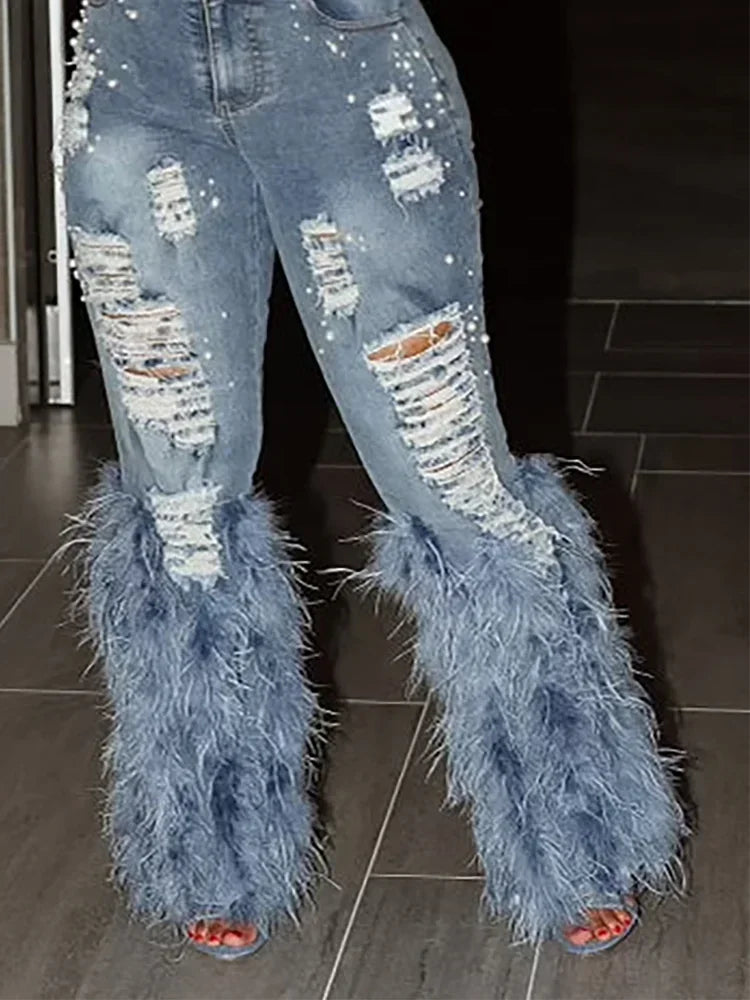 Women's Vintage Feather Tassel Jeans | High Waist Skinny Fit | Distressed Denim, Hollow Out Details | Y2K Streetwear 4