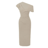 New Summer Elegant Women Evening Dress Chic Solid Sexy Diagonal Collar Folds Slim Midi Party Club Prom Robe Femme Mujer Vestidos 10