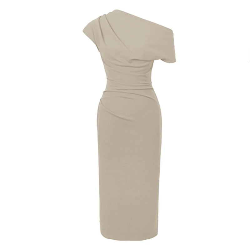 New Summer Elegant Women Evening Dress Chic Solid Sexy Diagonal Collar Folds Slim Midi Party Club Prom Robe Femme Mujer Vestidos 10