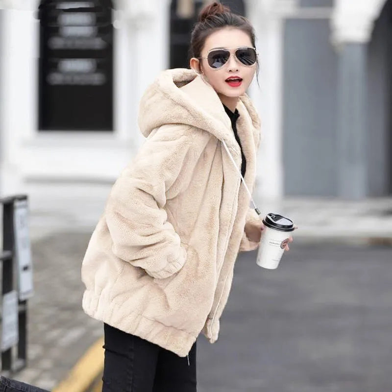 Casual And Fashionable Hooded Jacket 2025 Autumn/Winter Collection Loose Plush Warm Long-sleeved Short Jacket With Fleece Zipper 2
