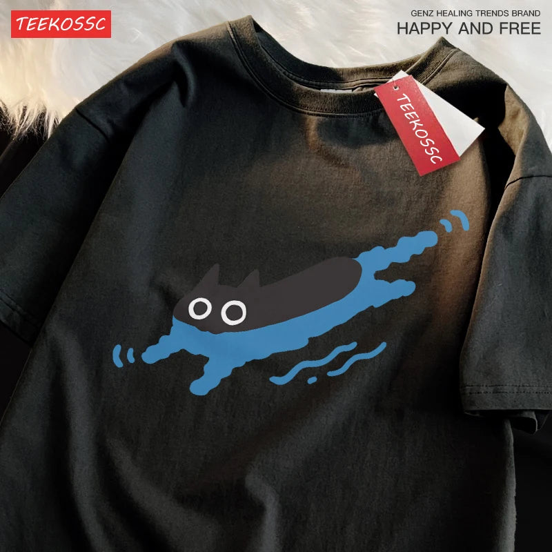 Couple Tees Swimming Black Cat Diving Shoulder Short Sleeved T-shirt For Men 5
