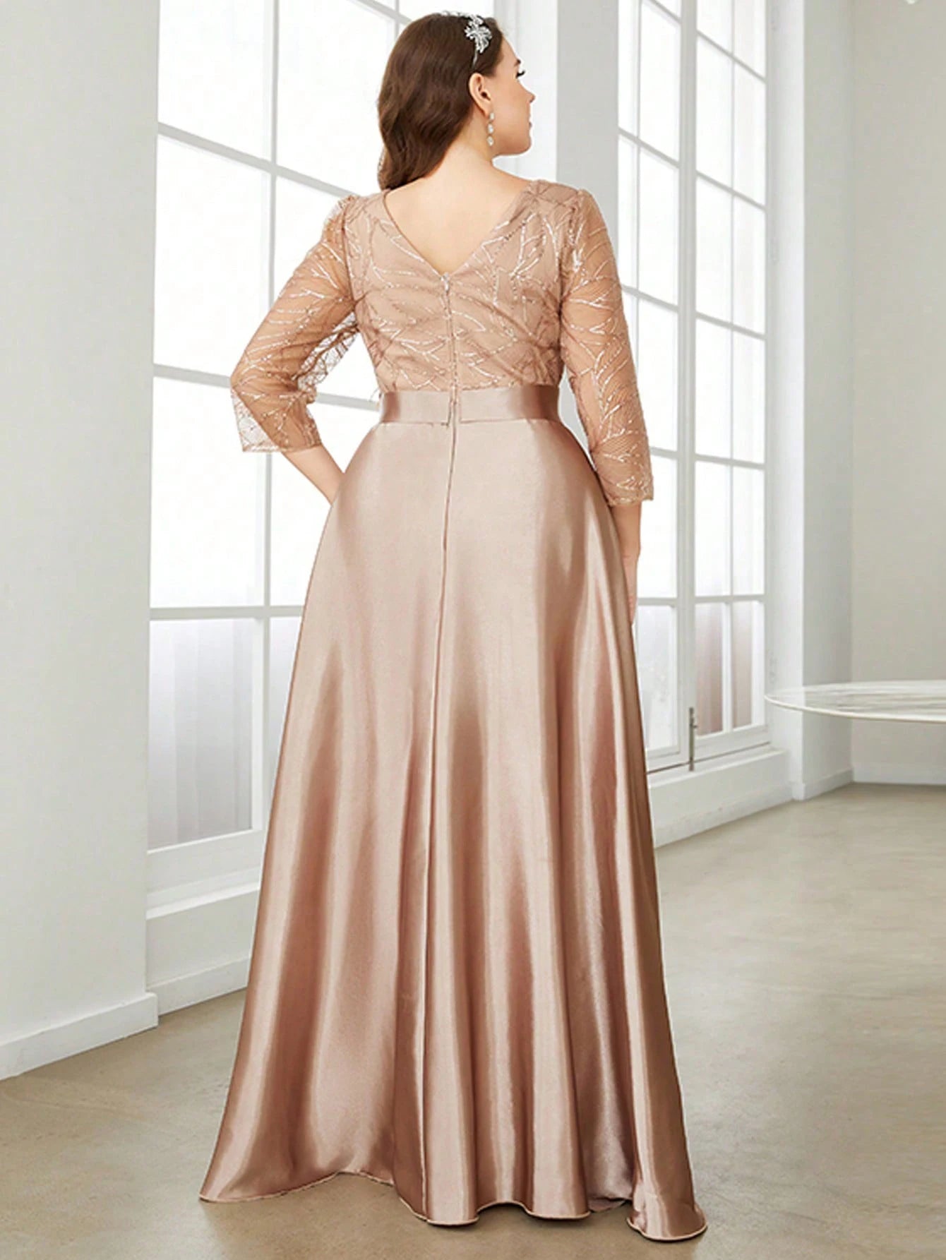 Mgiacy Crew neck long sleeve sequin patchwork satin long gown ball dress Party dress Bridesmaid dress 2