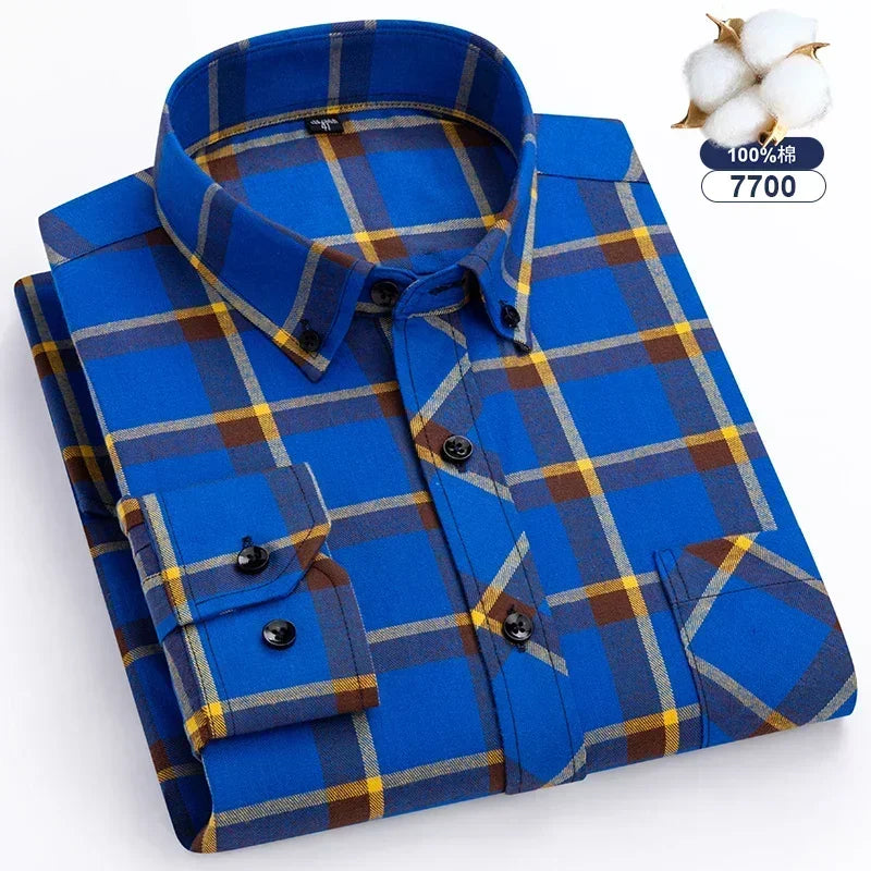 Autumn-Thick-Flannel-Shirt-Plaid-Shirts-Standard-Fit-For-Men-Long-Sleeve-Pure-Cotton-Fashion-Single