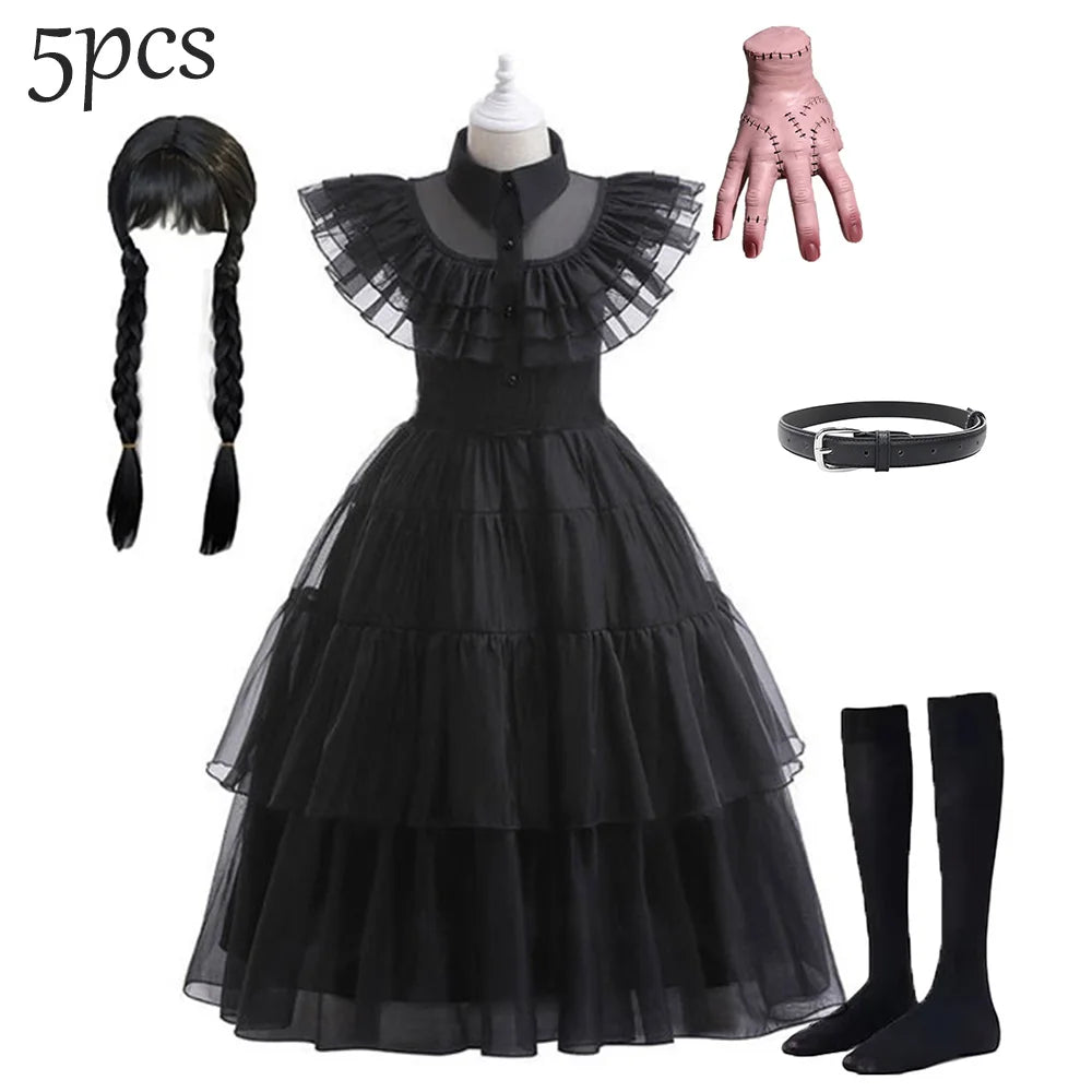 Black Mesh Fluffy Dress for Kids Girls Gothic Style Wednesdy Costume Halloween Dress Up Party Children Outfits Disguise Printing 3