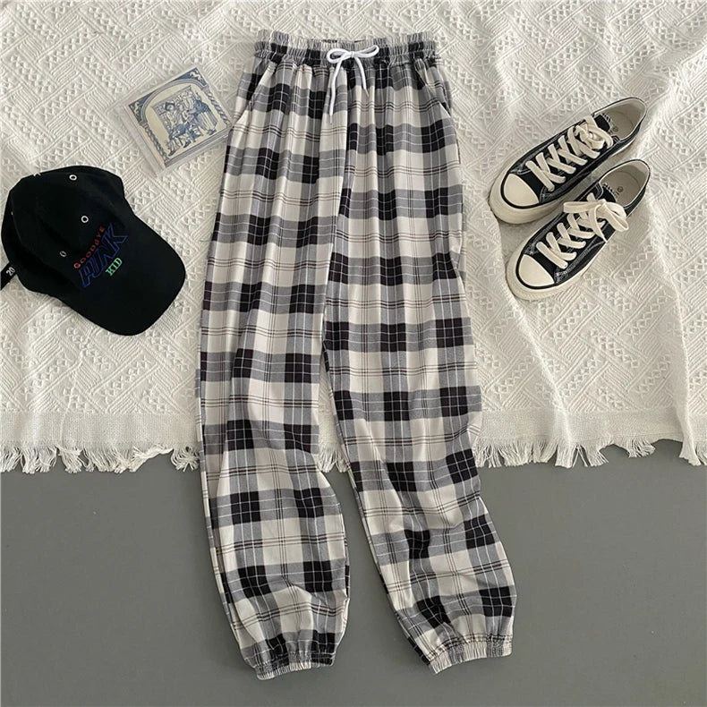 Pants Women New Bunch of feet Fashion Loose Black Plaid Summer Harajuku Students Streetwear Harem Long Trousers Womens Chic 10
