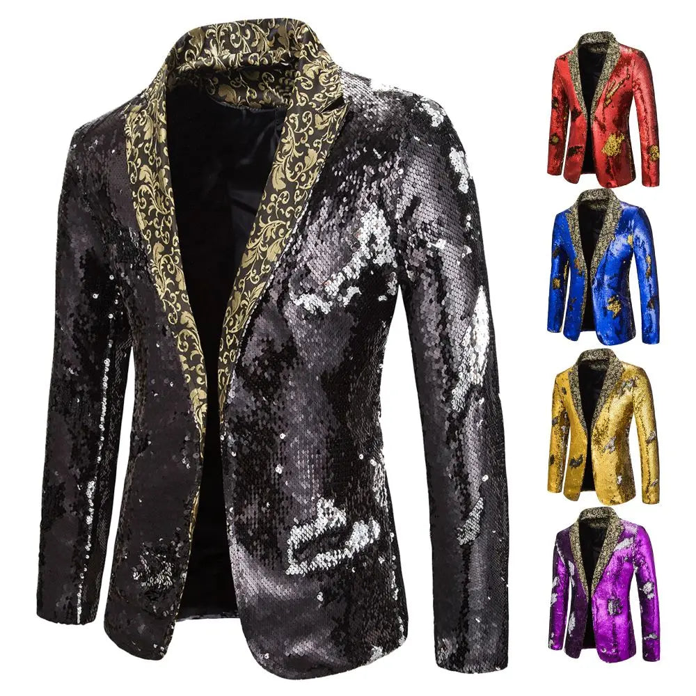 Men's Suit Shiny two-tone sequin shawl Collar suit Men's Wedding Groom Singer Dance Sequin Suit Jacket DJ Club Stage 2