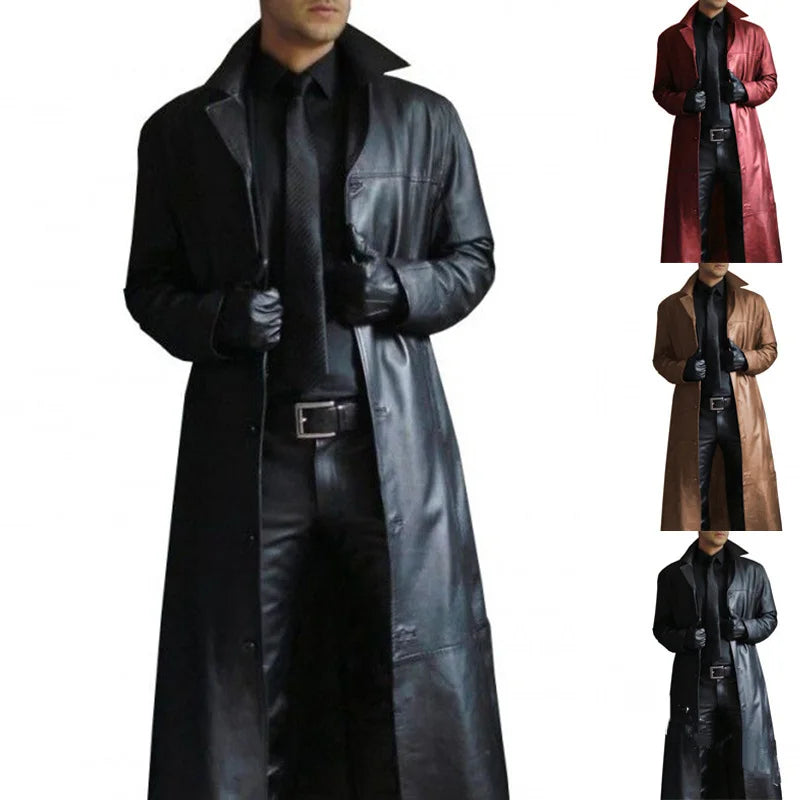 2025 Men Faux Leather Trench Fashion Long Sleeve Autumn Windbreaker Coat Slim Leather Long Leather Jacket Men's Jacket Outwear 2