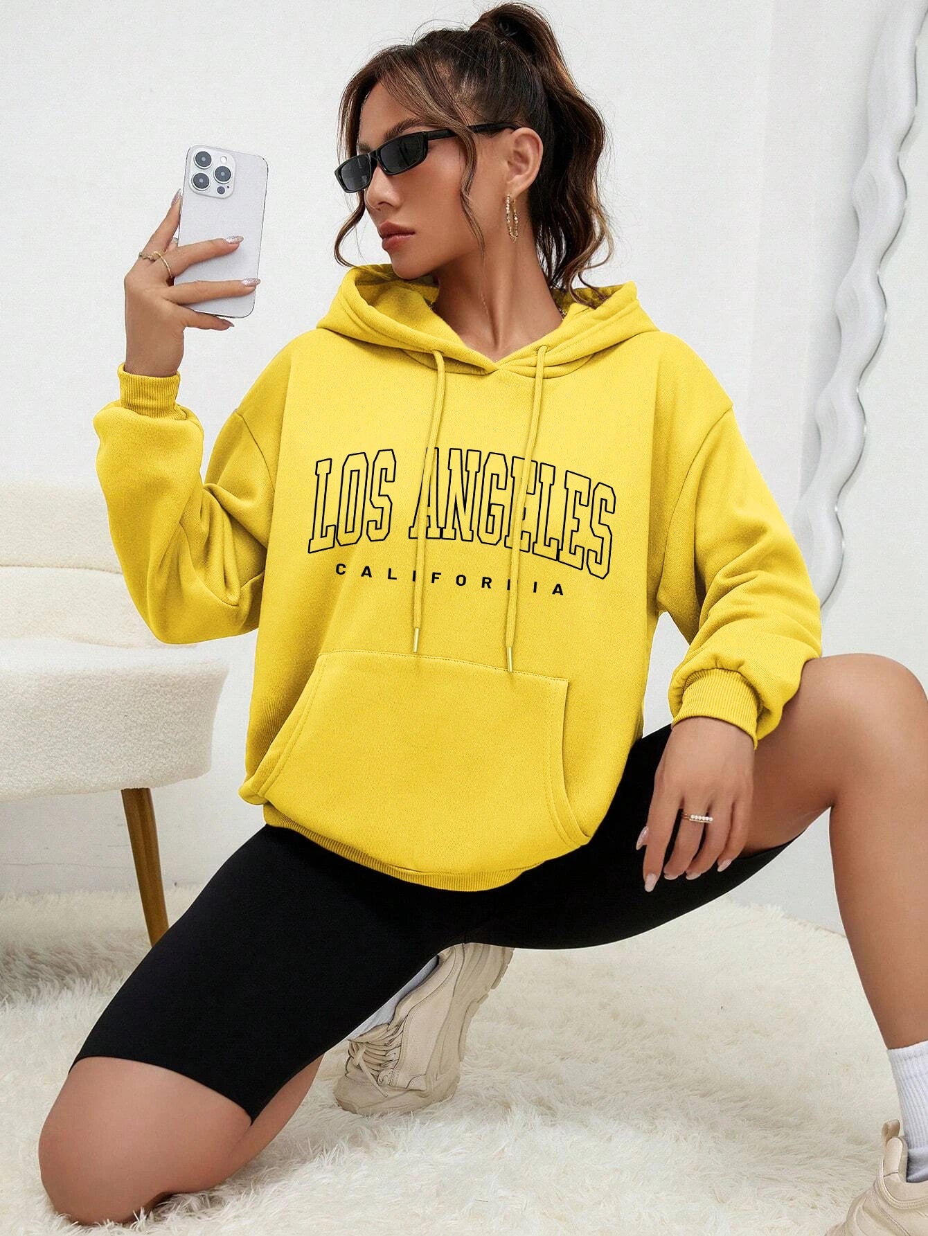 Los Angeles Letter Design Fleece Hoodie