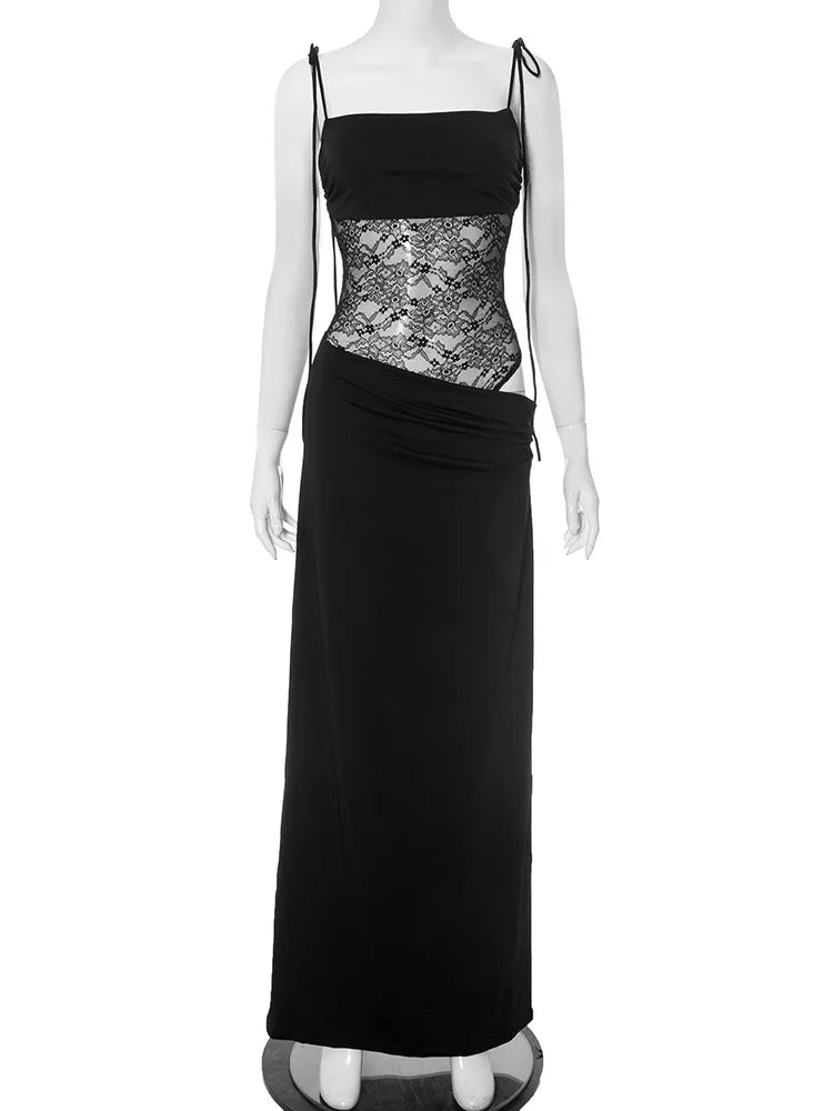 Elegant Lace Cut Out Maxi Dresses for Women 2025 Sexy Spaghetti Strap Patchwork Holidays Party Dress Summer Backless Long Dress