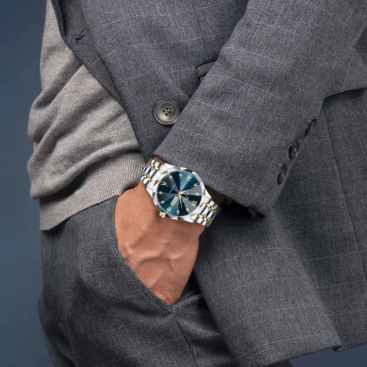 Men Watch Water Diamond Luxury Night Glow Double Calendar Quartz Movement 41mm Blue Gold Stainless Steel Fashion Business Watch 4