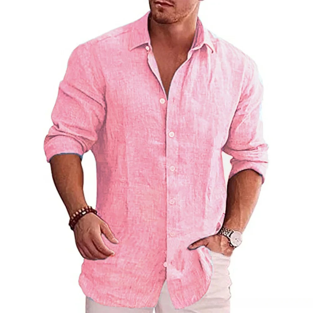 Cotton Linen Autumn Men's Long Sleeve Shirt Solid Color Casual Style Plus Size Men's Casual Linen Shirt 4