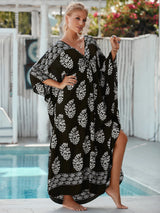 Loose Floral Pleated Kaftan Dresses for Women Wave Neck Swimsuit Cover Up Caftan