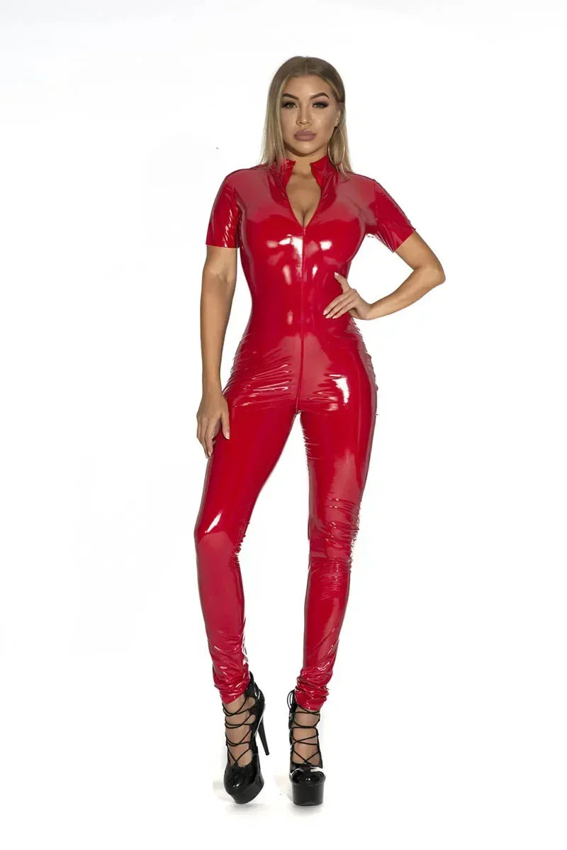 Women's Wet Look Faux Leather Jumpsuit | Zipper & Long Sleeve, Open Crotch Bodysuit | Plus Size Clubwear 4