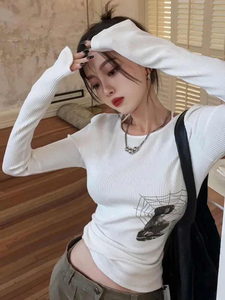 Tonngirls Grunge Aesthetic T Shirt Women Elastic Skinny Tops Y2k Vintage Crop Tops Print Graphic T Shirts American Retro Tshirts 8