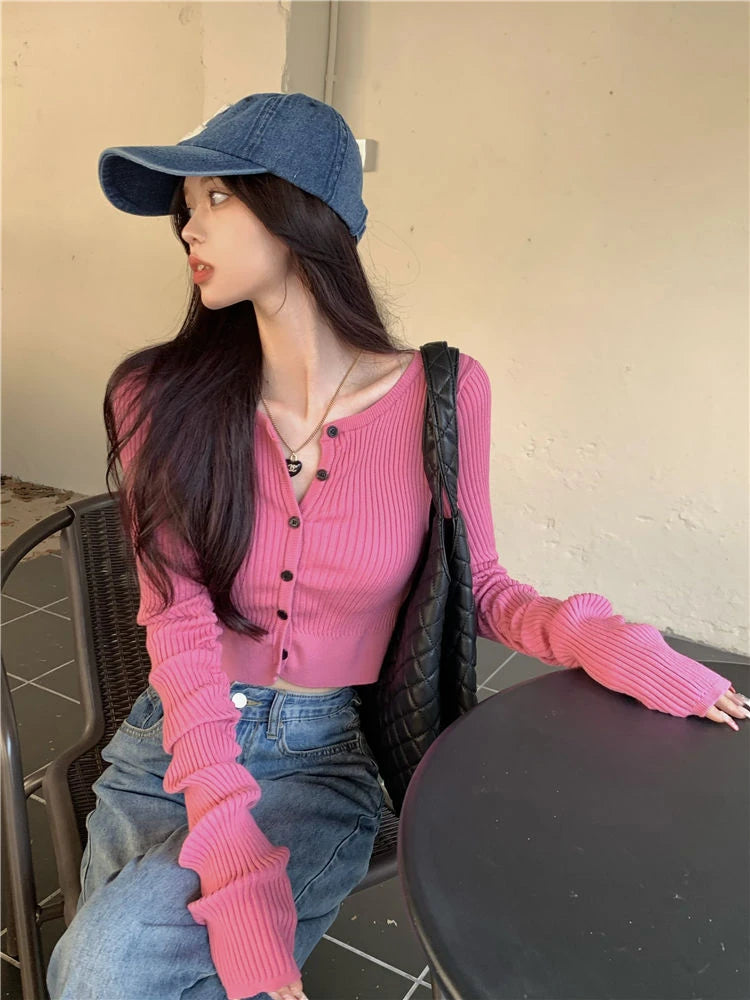 Pink Slim Cardigan Women Cropped Sweaters Autumn Long Sleeve Knitwear Harajuku Stylish for Ladies Y2k Clothes Sexy Cute Retro 5