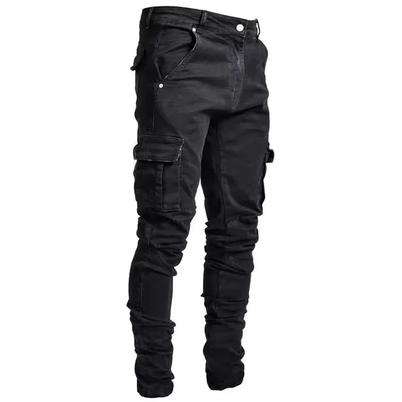 Men's Elastic Denim Cargo Joggers - Slim Fit Streetwear Pants with Multiple Pockets 6