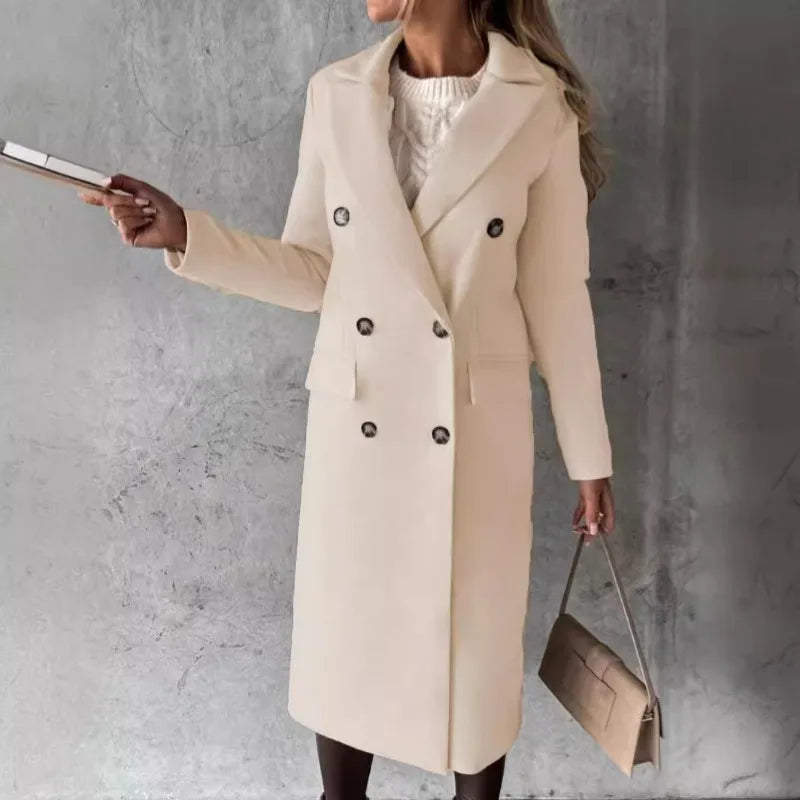 autumn and winter new foreign trade women's clothing long-sleeved lapel solid color double-breasted slim-fit coat 5