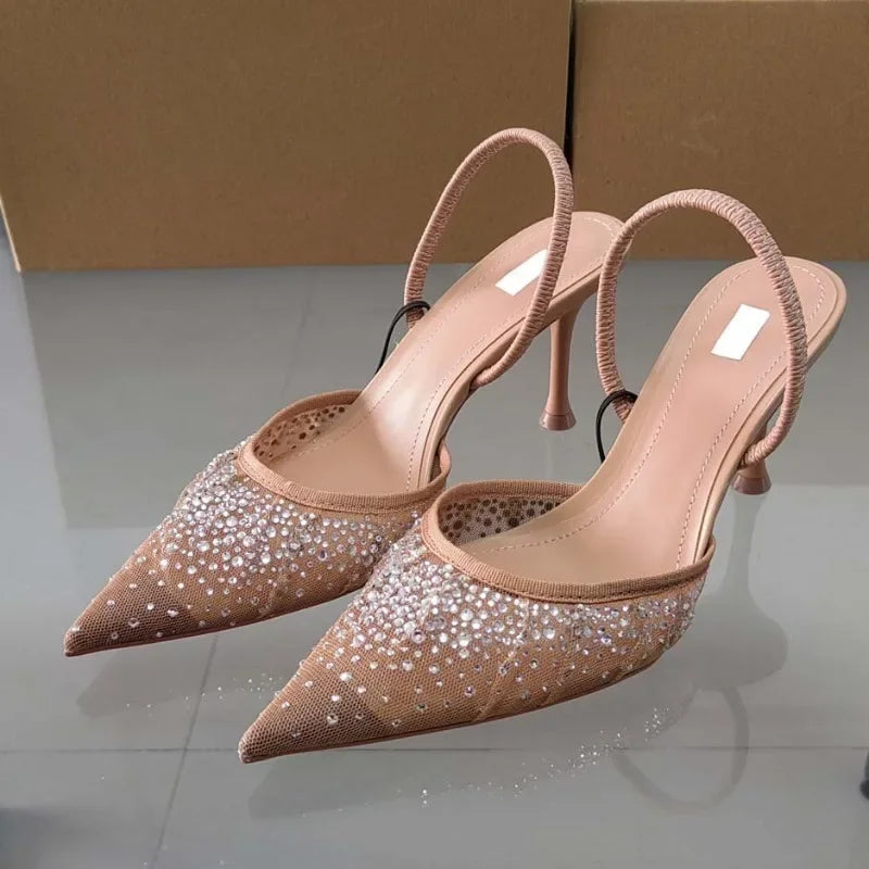 2025 Summer Women's Diamond Mesh High Heel Sandals - Elegant Slingback Party Shoes