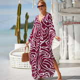 Loose Floral Pleated Kaftan Dresses for Women Wave Neck Swimsuit Cover Up Caftan