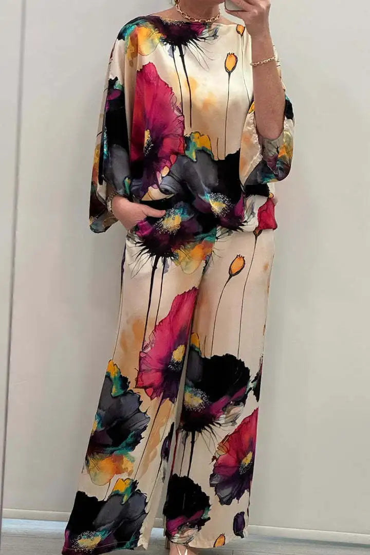 2 Piece Women's Printed Satin Pant Set - Round Neck 3/4 Sleeve Summer Outfit 2