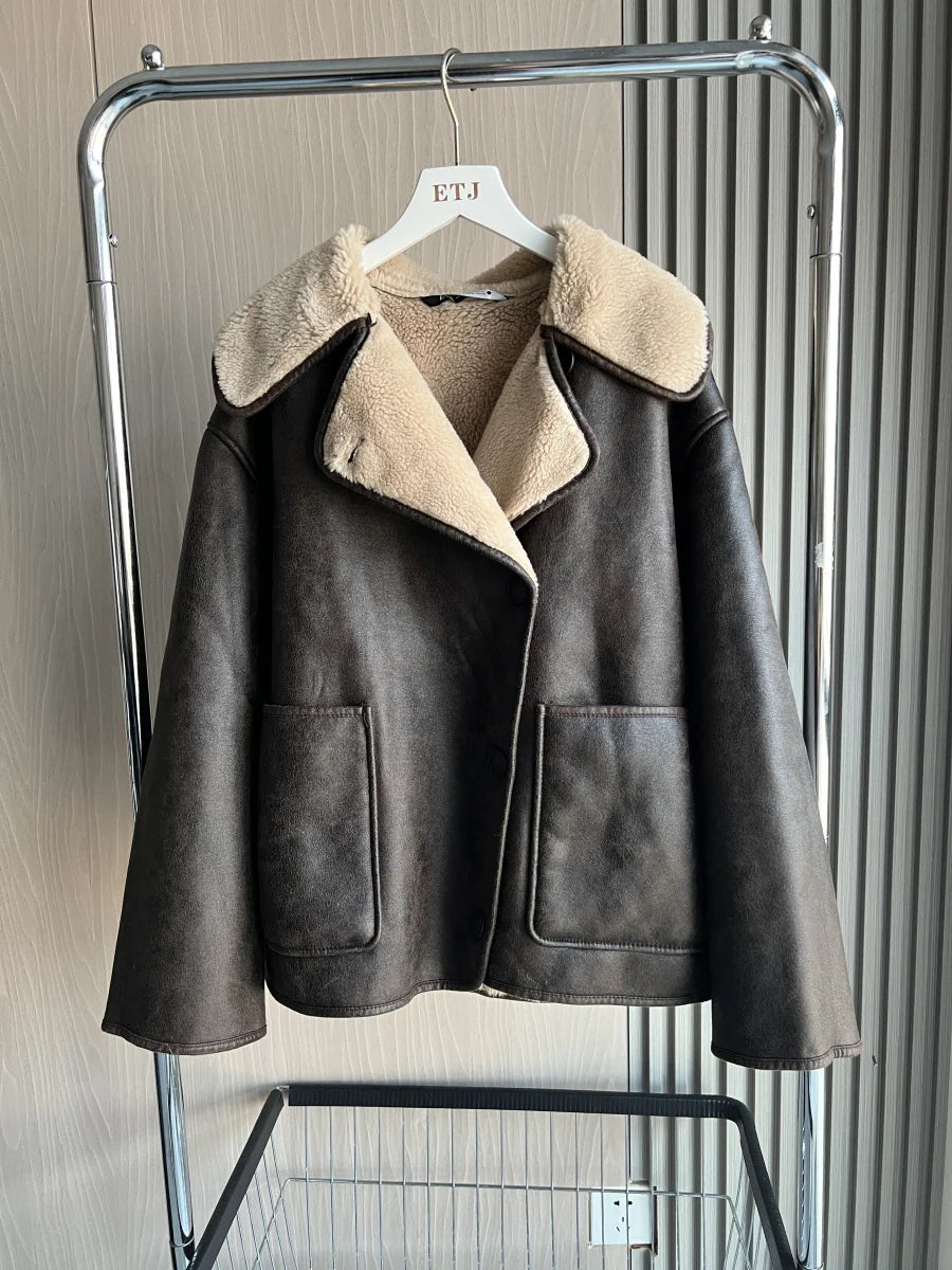 ETJ 2025 Fall/Winter New Arrival Women's ZW Series Double-Sided Collar Oversized Long-Sleeve Jacket Warm Coat 3548246 5