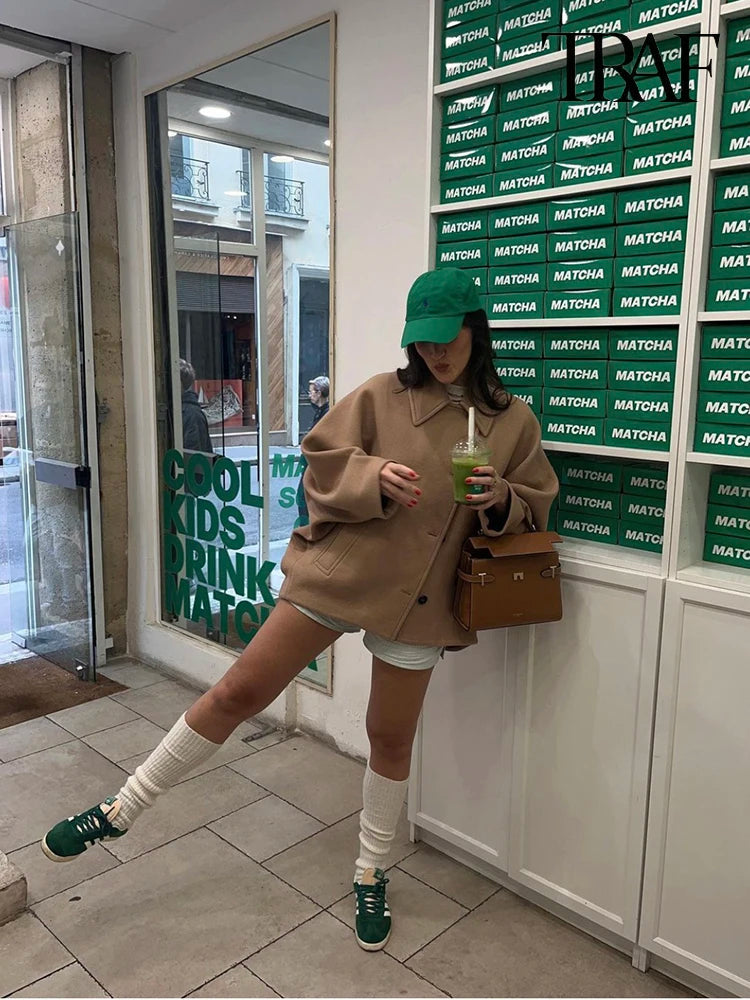 Women's Casual Vintage Khaki Coat Bat Sleeve Lapel Warm Tweed Coat Autumn and Winter Fashion Loose Single Breasted Coat 4