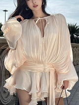 GALCAUR Solid Loose Splicd Lace Up Dresses For Women V Neck Long Sleeves Patchwork Ruffles Tunic Dreses Female Fashio New 2