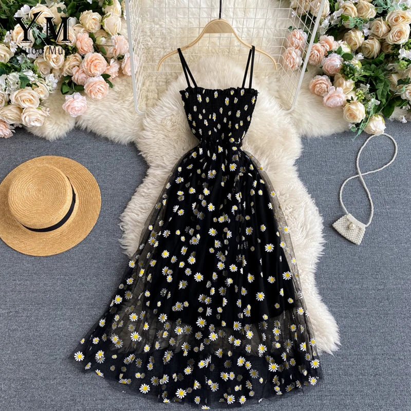 YKorean Fashion Daisy Flower Print Mesh Party Dress Summer Two Layers Spaghetti Strap Vacation Midi Dress 2