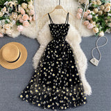 YKorean Fashion Daisy Flower Print Mesh Party Dress Summer Two Layers Spaghetti Strap Vacation Midi Dress 2